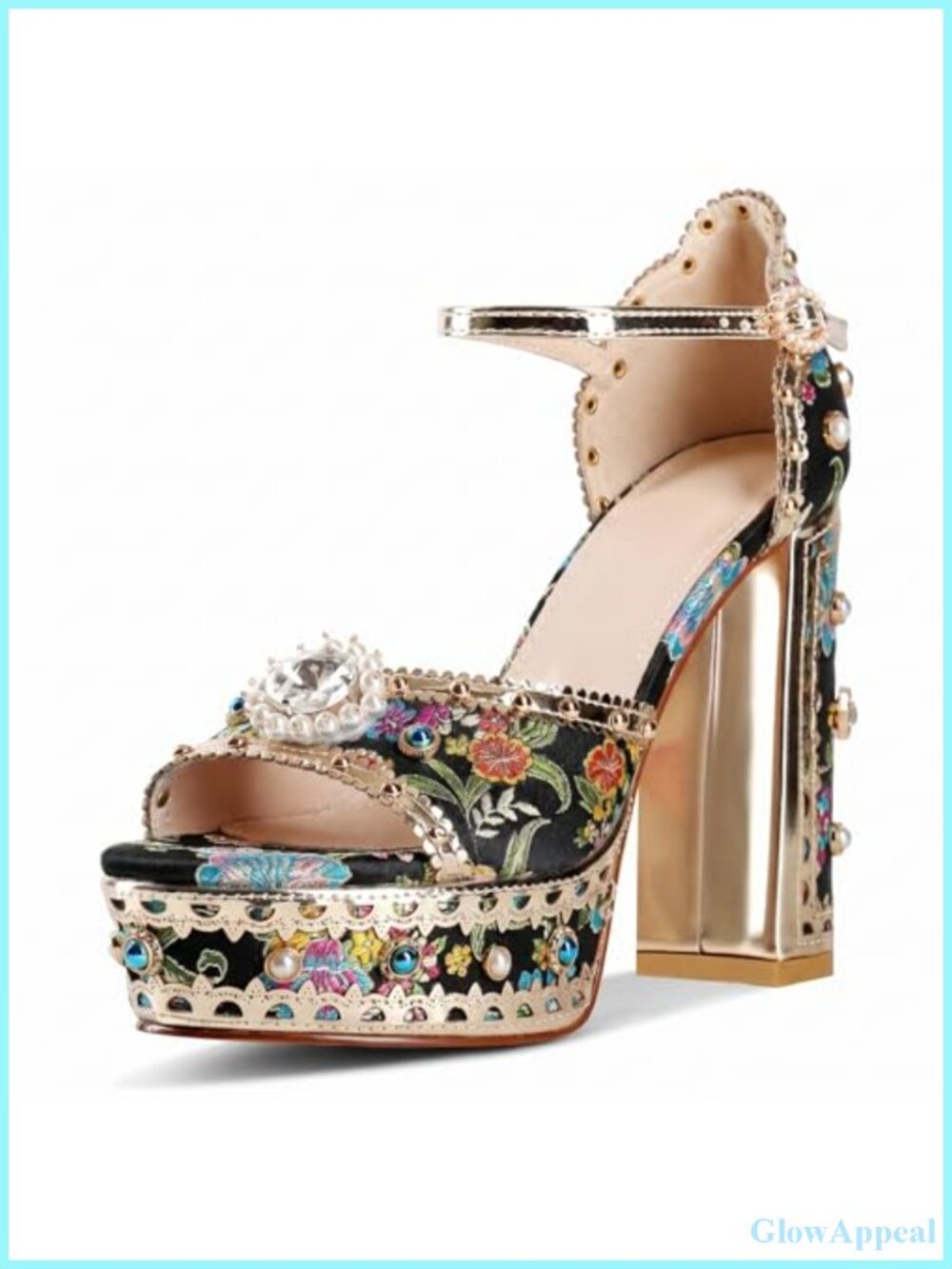 Platform Heels Rhinestone Gemstone Ankle Strap Open Round Toe Chunky Block High